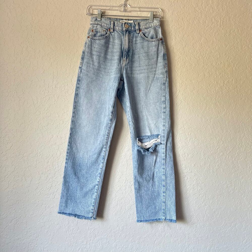 Garage🌿Denim Vintage Straight Jeans Women Size 25 Light Wash Distressed Raw Hem